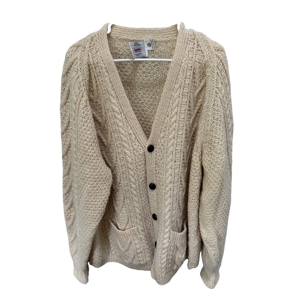 Avoca Collection Men's Cardigan Size XL Ivory Pure New Wool Made In Ireland